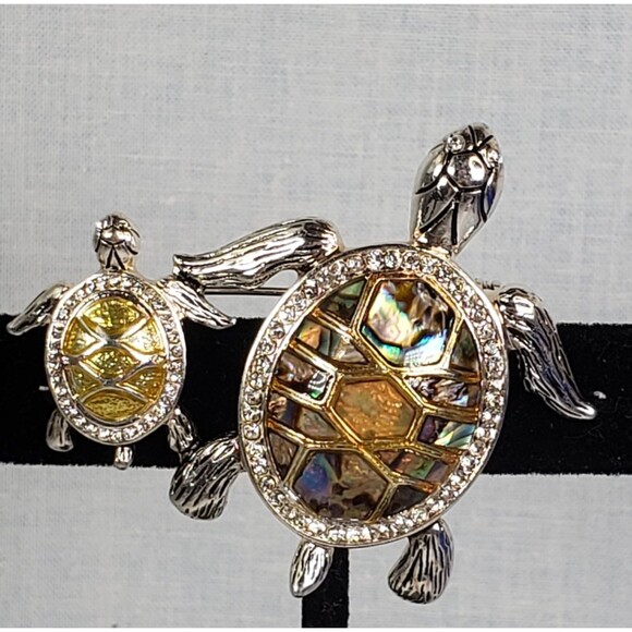 Vintage Signed Napier Turtle With Baby Abalone Shell & Rhinestone Accents Brooch - Picture 6 of 14